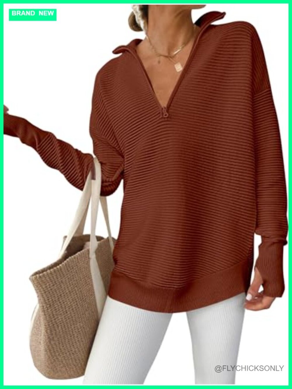 Women's Long Sleeve V Neck Quarter Zip Rib Knit Pullover Sweater Loose Fit